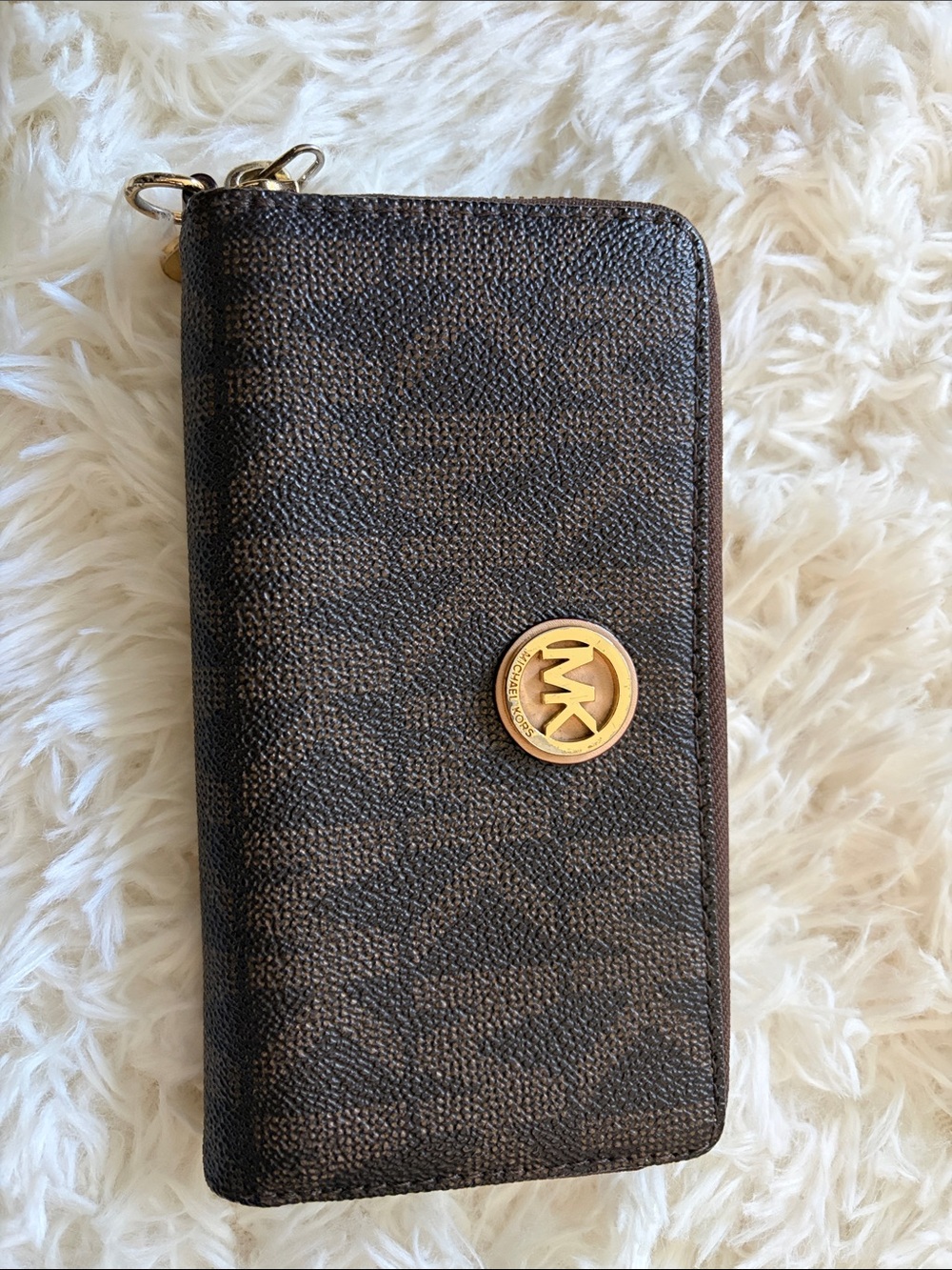Michael Kors Dark Brown Signature Zip Around Wallet with Gold MK Emblem